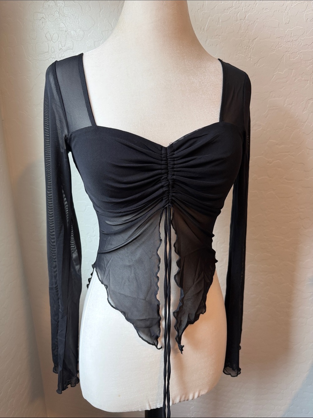 Forever 21 Black Sheer Ruched Long-Sleeve Tie-Front Top